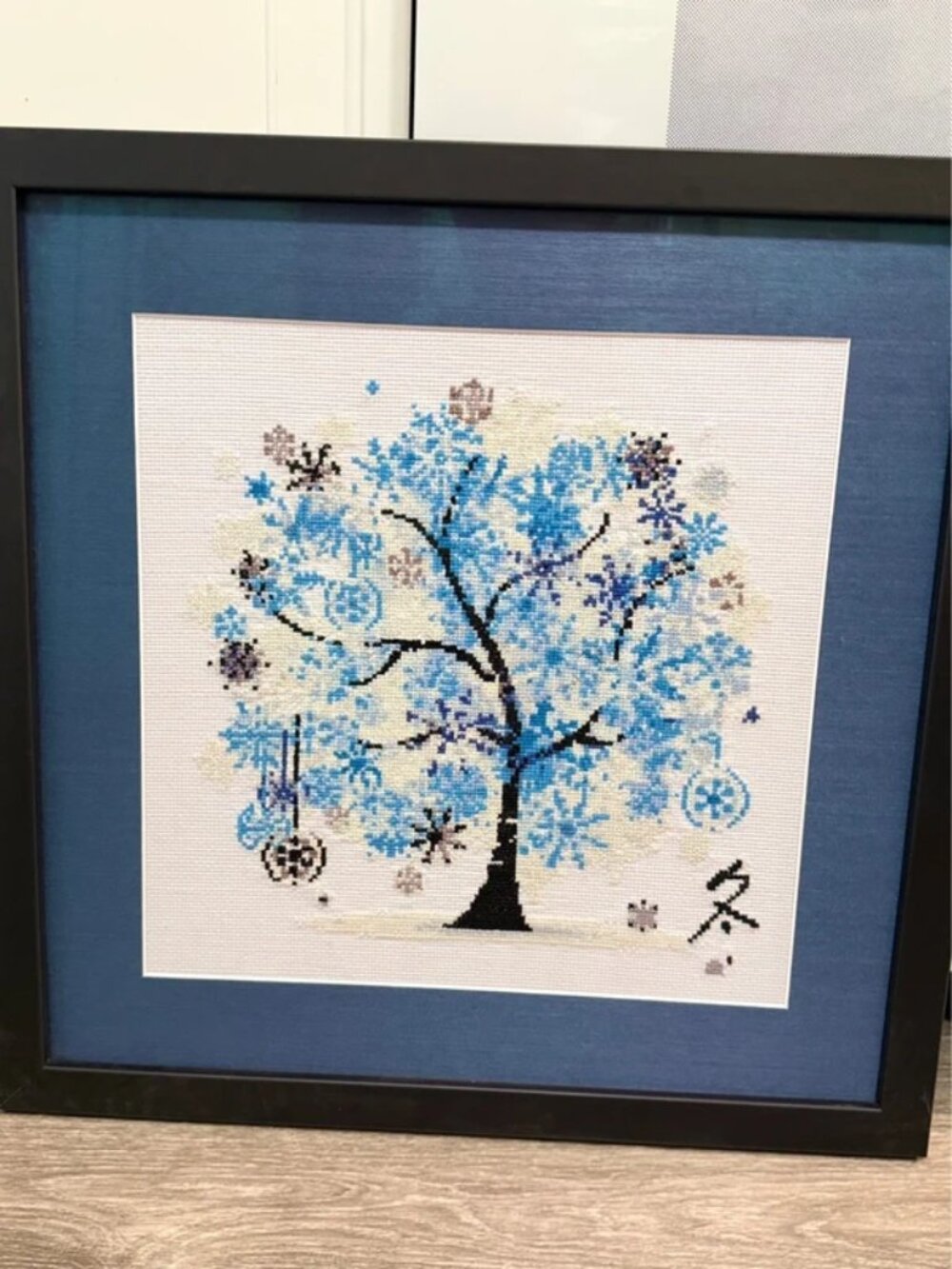 Large 21" Blue Lucky Tree Completed Cross Stitch - Custom Framed